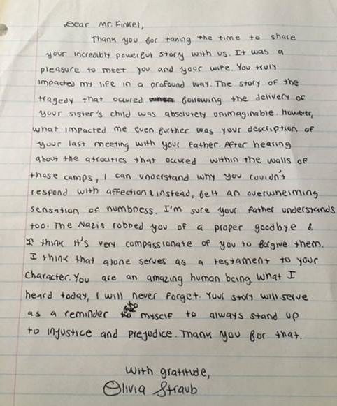 Letters from Students - Sidney Finkel Holocaust Speaker